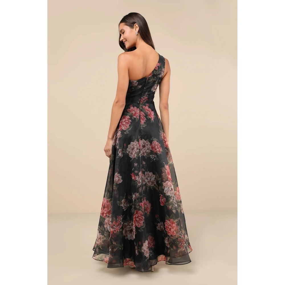 Lulus Truly Extraordinary Black Floral Organza One-Shoulder Maxi Dress Large - Picture 2 of 8